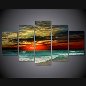 Framed 5 Panels - Sunset on the beach