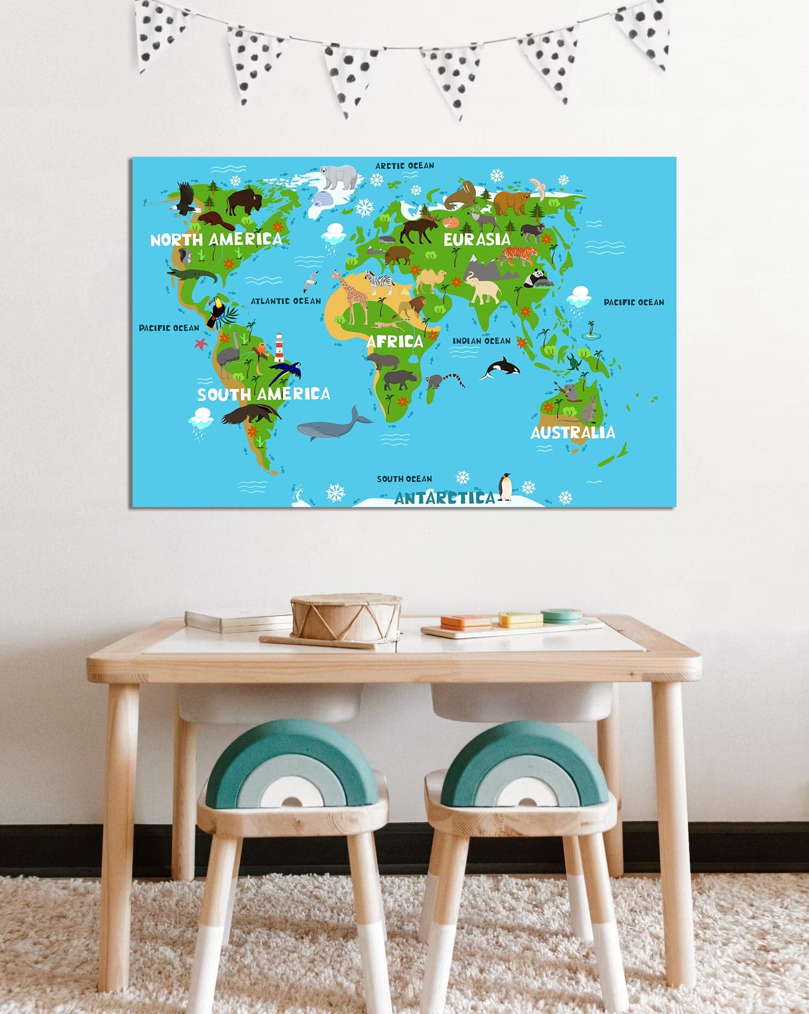 Framed 1 Panel - Kids Room - Animals World Map