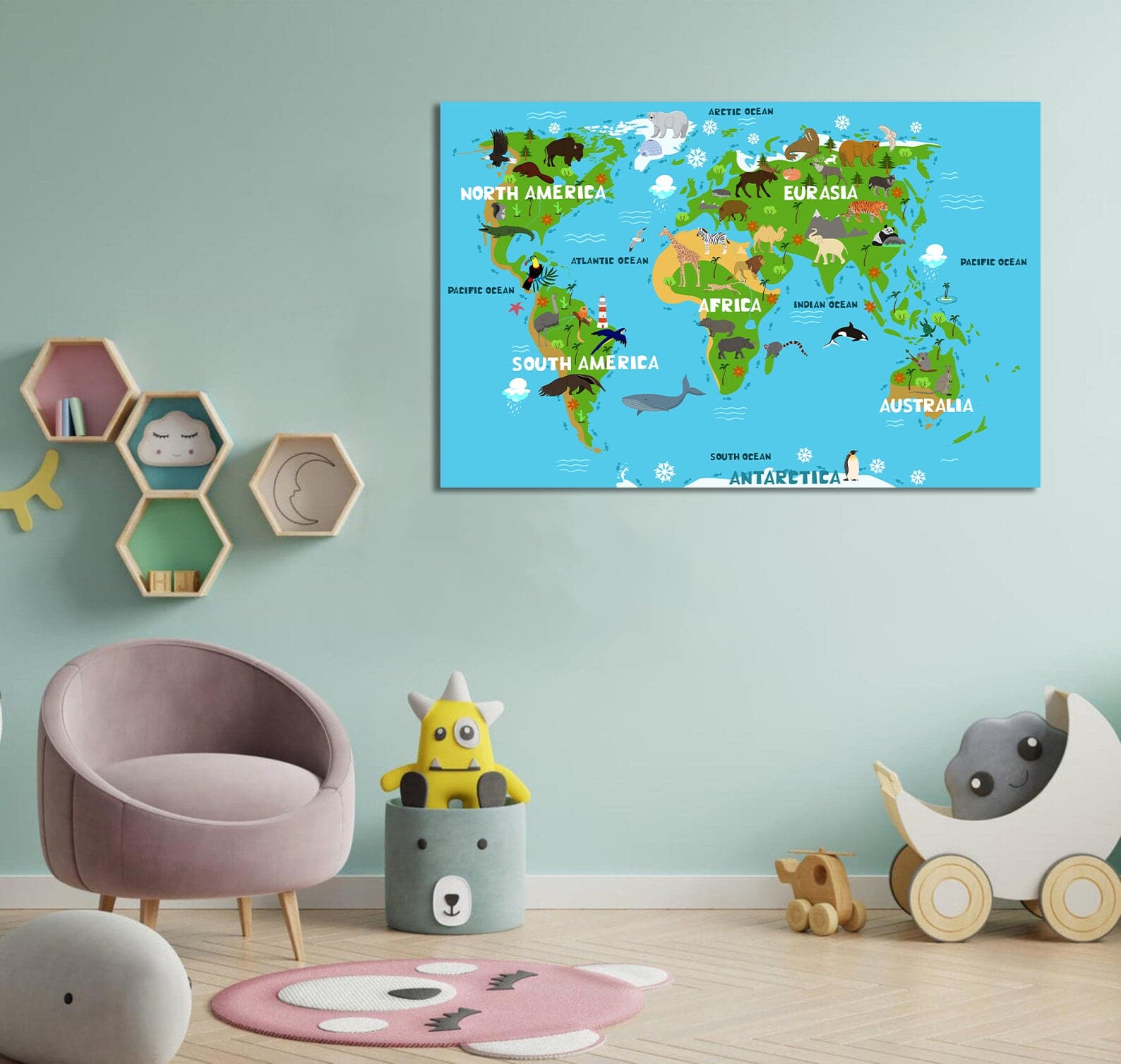 Framed 1 Panel - Kids Room - Animals World Map