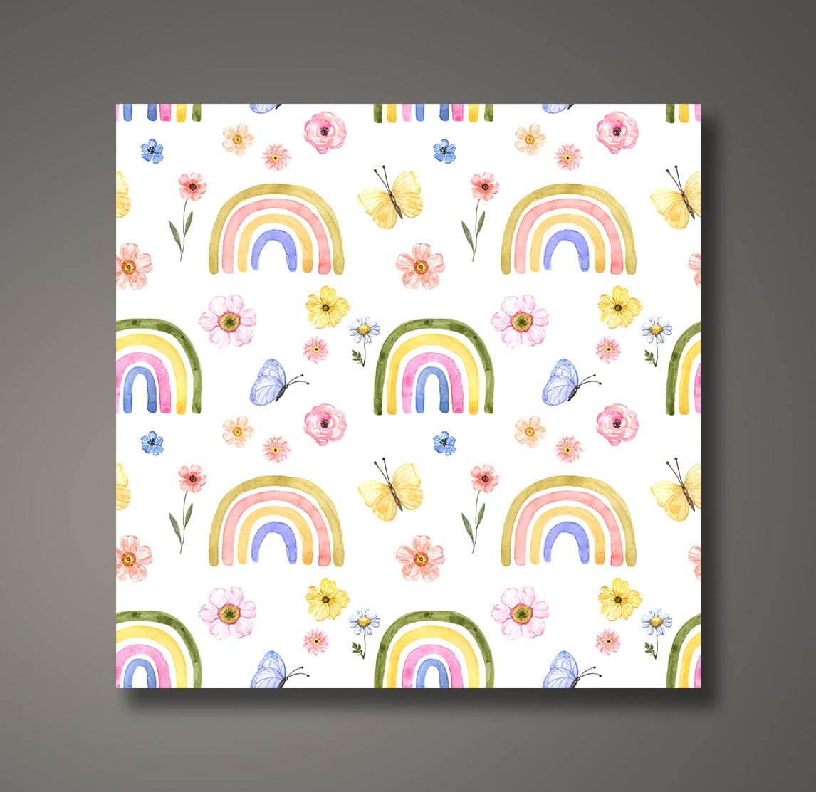Pine Stretched  Framed 1 Panel - Kids Room - Cute Rainbow