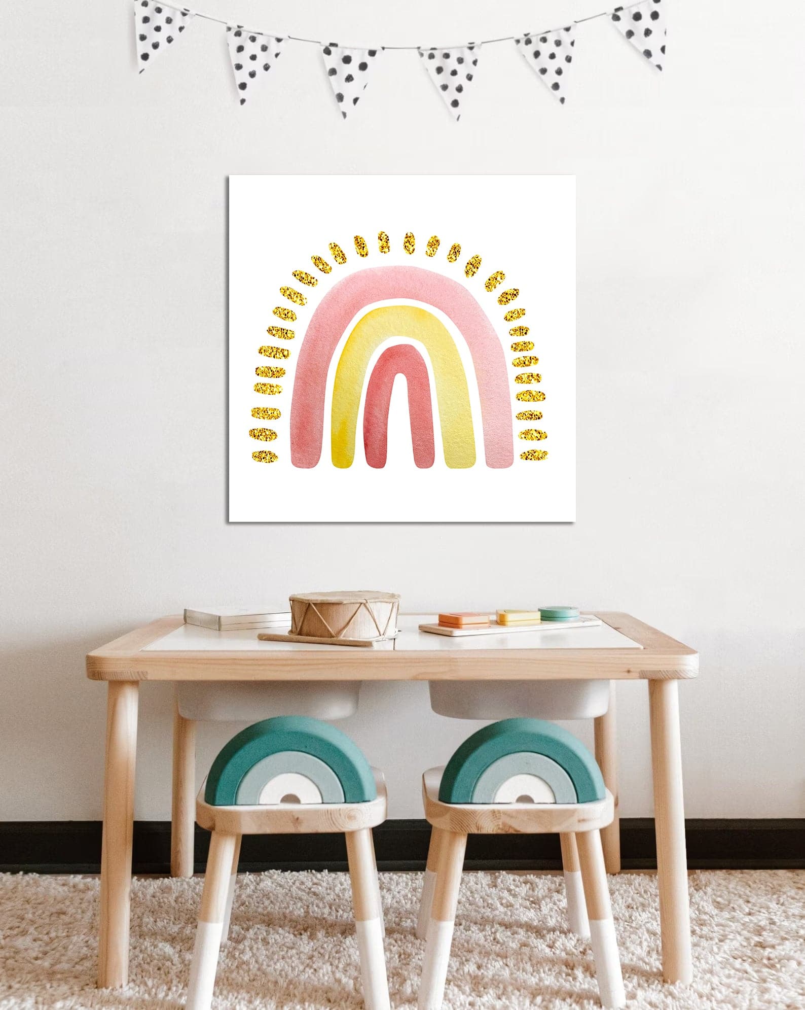 Pine Stretched  Framed 1 Panel - Kids Room - Cute Rainbow