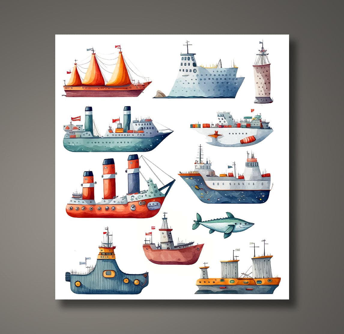 Pine Stretched  Framed 1 Panel  - Kids Room - Transportation Ships