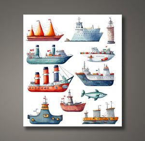 Pine Stretched  Framed 1 Panel  - Kids Room - Transportation Ships