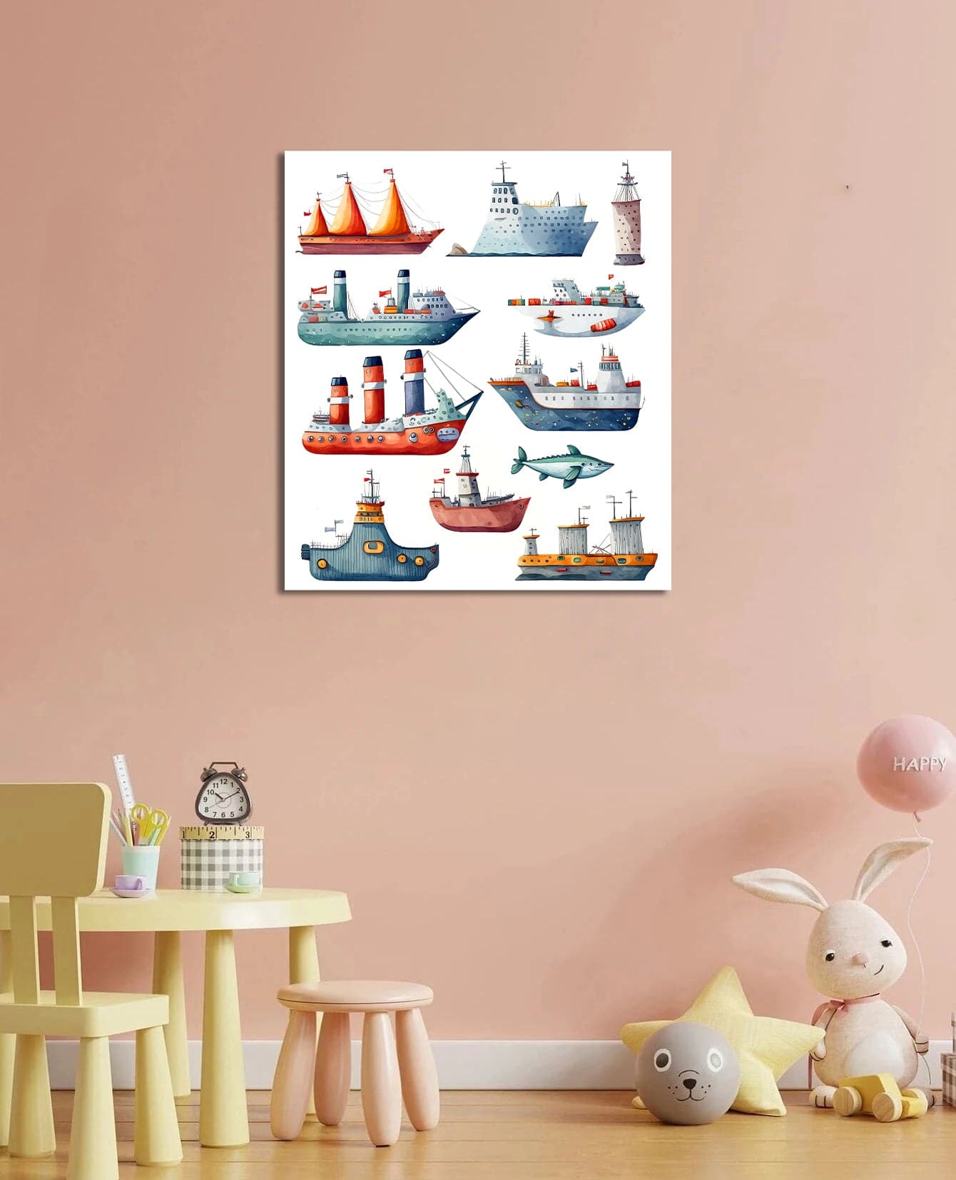 Pine Stretched  Framed 1 Panel  - Kids Room - Transportation Ships