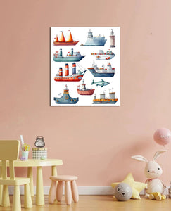 Pine Stretched  Framed 1 Panel  - Kids Room - Transportation Ships