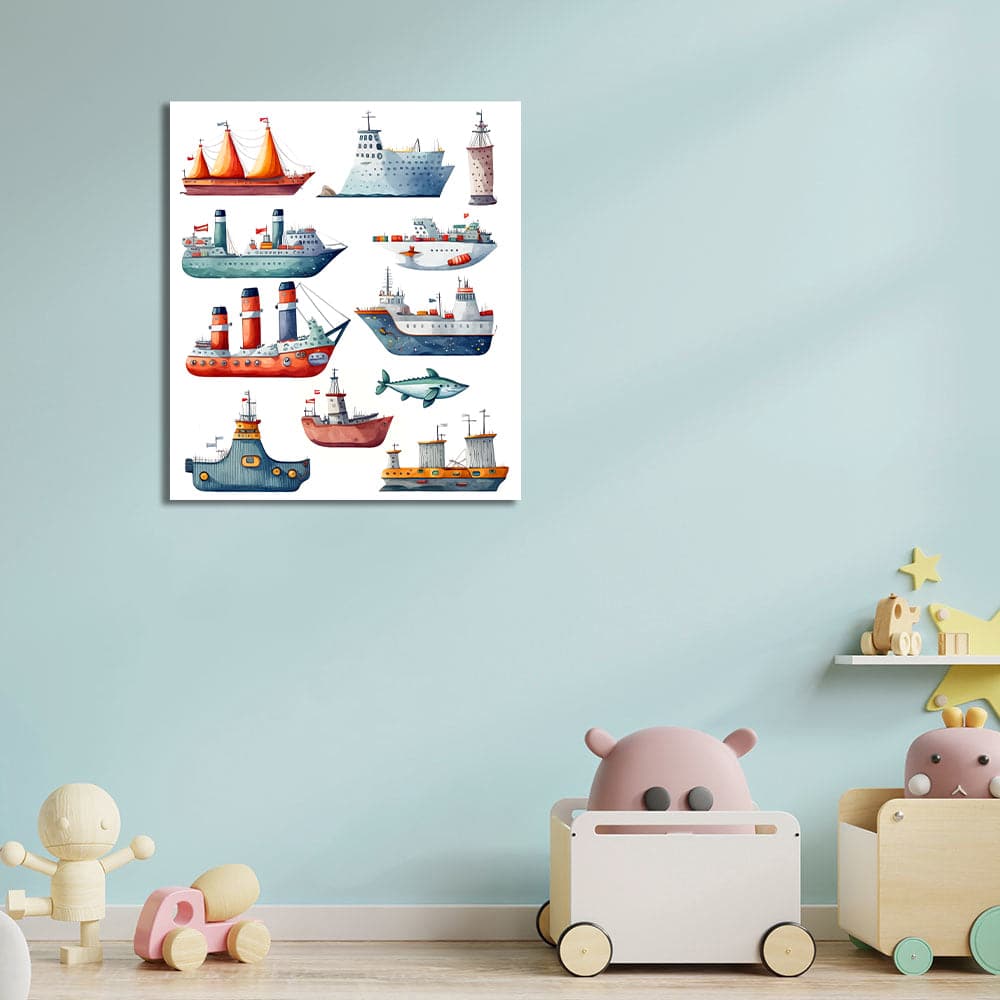 Pine Stretched  Framed 1 Panel  - Kids Room - Transportation Ships