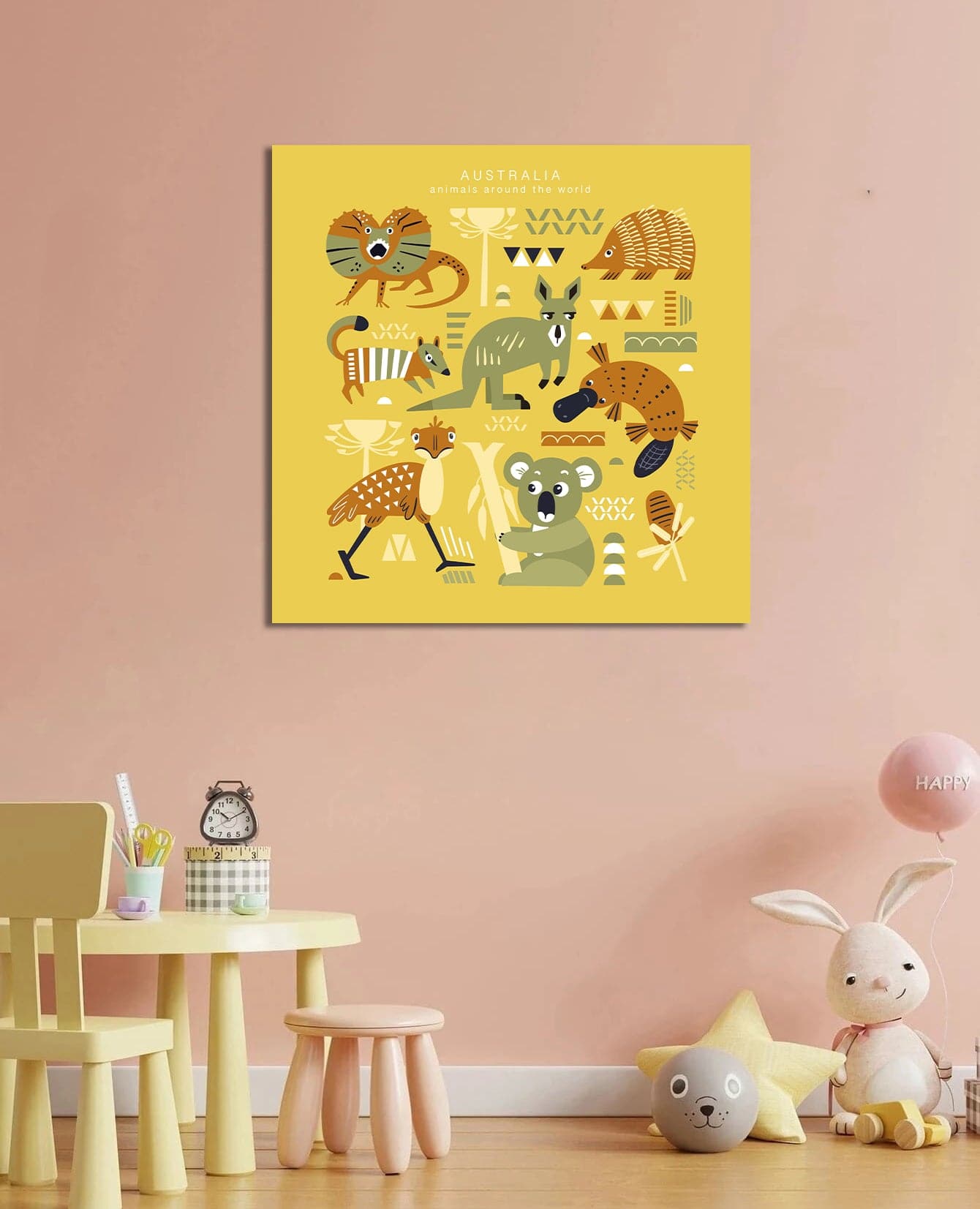 Pine Stretched  Framed 1 Panel  - Kids Room - Cute Animals of Australia