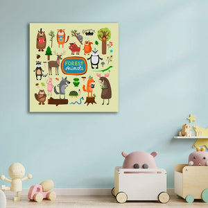 Pine Stretched  Framed 1 Panel  - Kids Room - Forest Animals