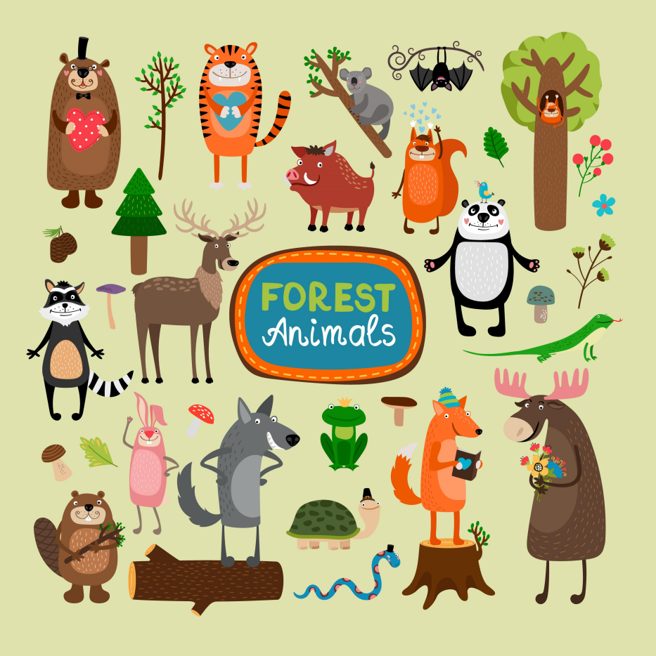 Pine Stretched  Framed 1 Panel  - Kids Room - Forest Animals