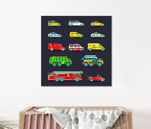 Pine Stretched  Framed 1 Panel - Kids Room - Cute Emergency Service Cars and Truck