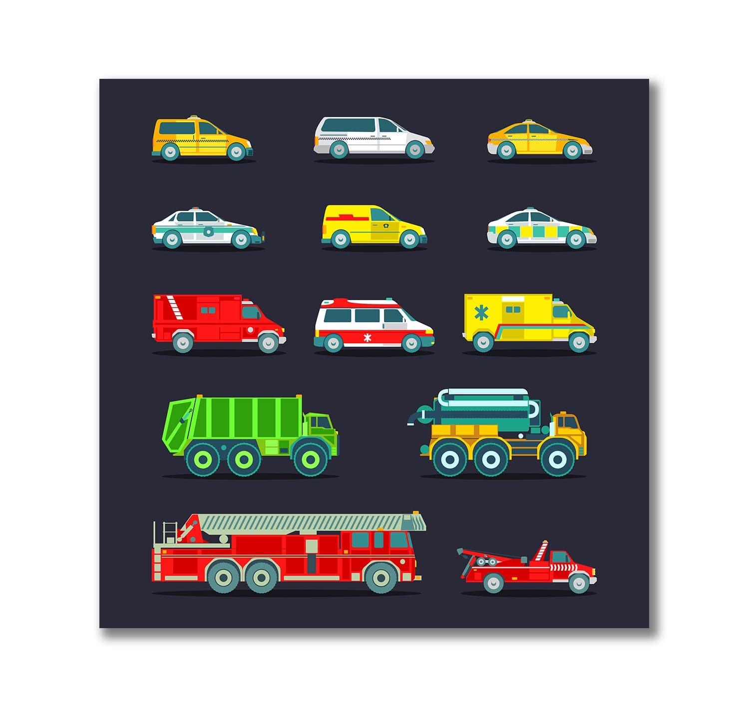 Framed 1 Panel - Kids Room - Cute Emergency Service Cars and Truck