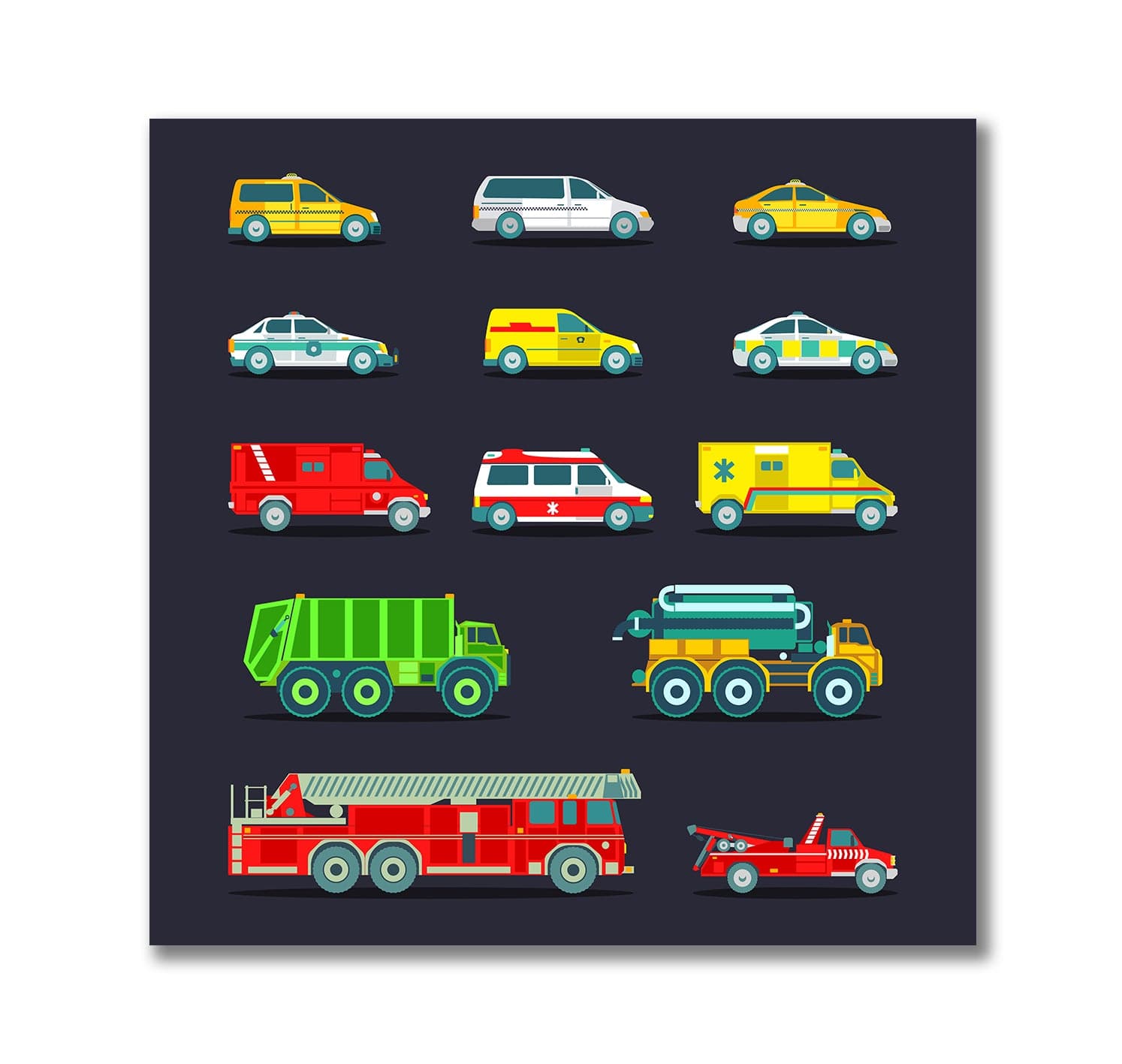 Pine Stretched  Framed 1 Panel - Kids Room - Cute Emergency Service Cars and Truck