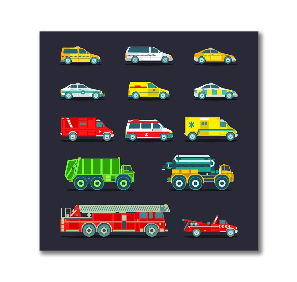 Pine Stretched  Framed 1 Panel - Kids Room - Cute Emergency Service Cars and Truck