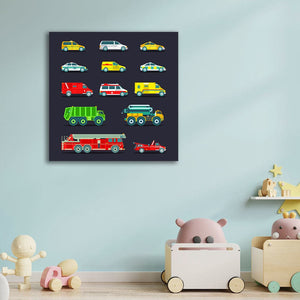 Pine Stretched  Framed 1 Panel - Kids Room - Cute Emergency Service Cars and Truck