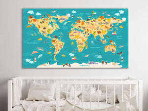 Framed 1 Panel - Kids Room - Animals World Map