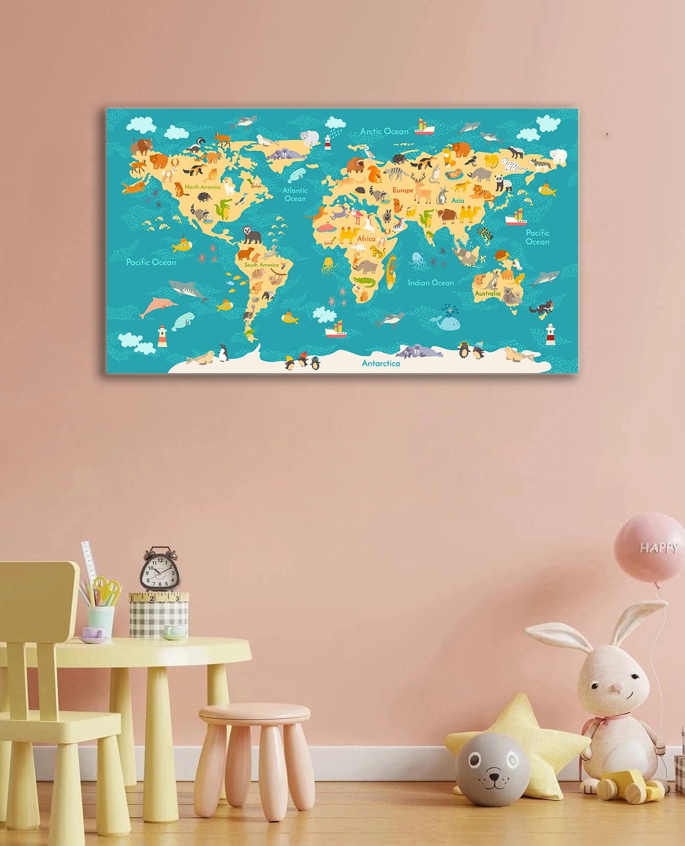 Framed 1 Panel - Kids Room - Animals World Map