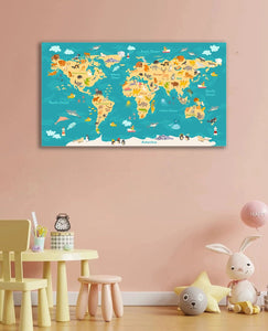 Framed 1 Panel - Kids Room - Animals World Map