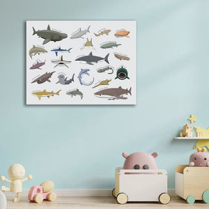 Pine Stretched  Framed 1 Panel  - Kids Room - Cute Shark Various