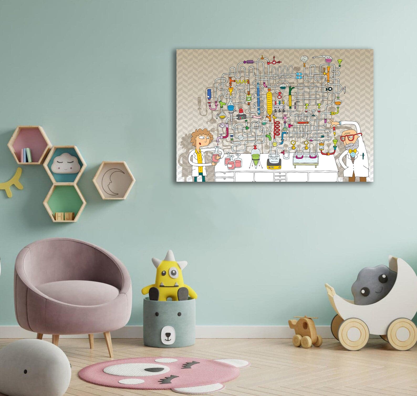 Pine Stretched  Framed 1 Panel - Kids Room - Laboratory Maze Game