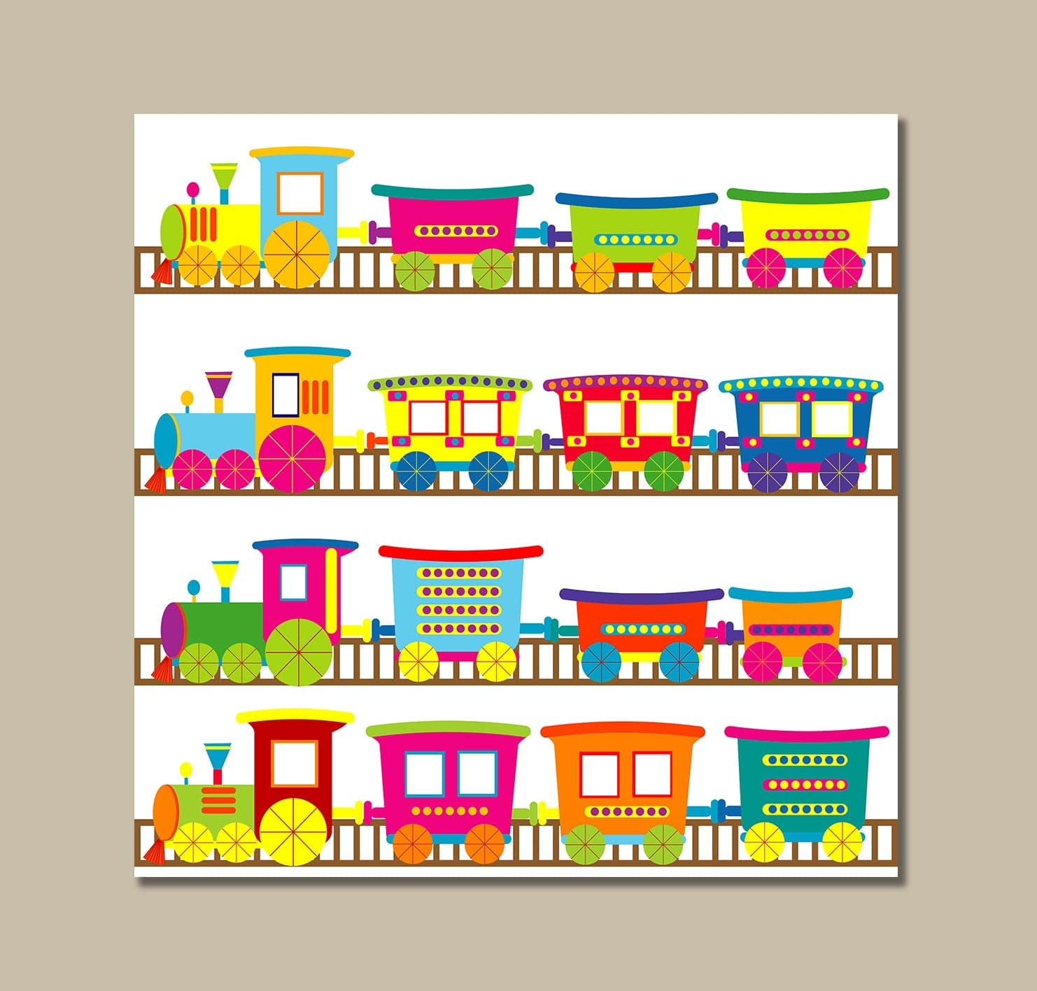 Pine Stretched  Framed 1 Panel - Kids Room - Cute Colorful Trains
