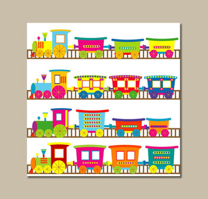 Pine Stretched  Framed 1 Panel - Kids Room - Cute Colorful Trains