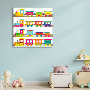 Pine Stretched  Framed 1 Panel - Kids Room - Cute Colorful Trains