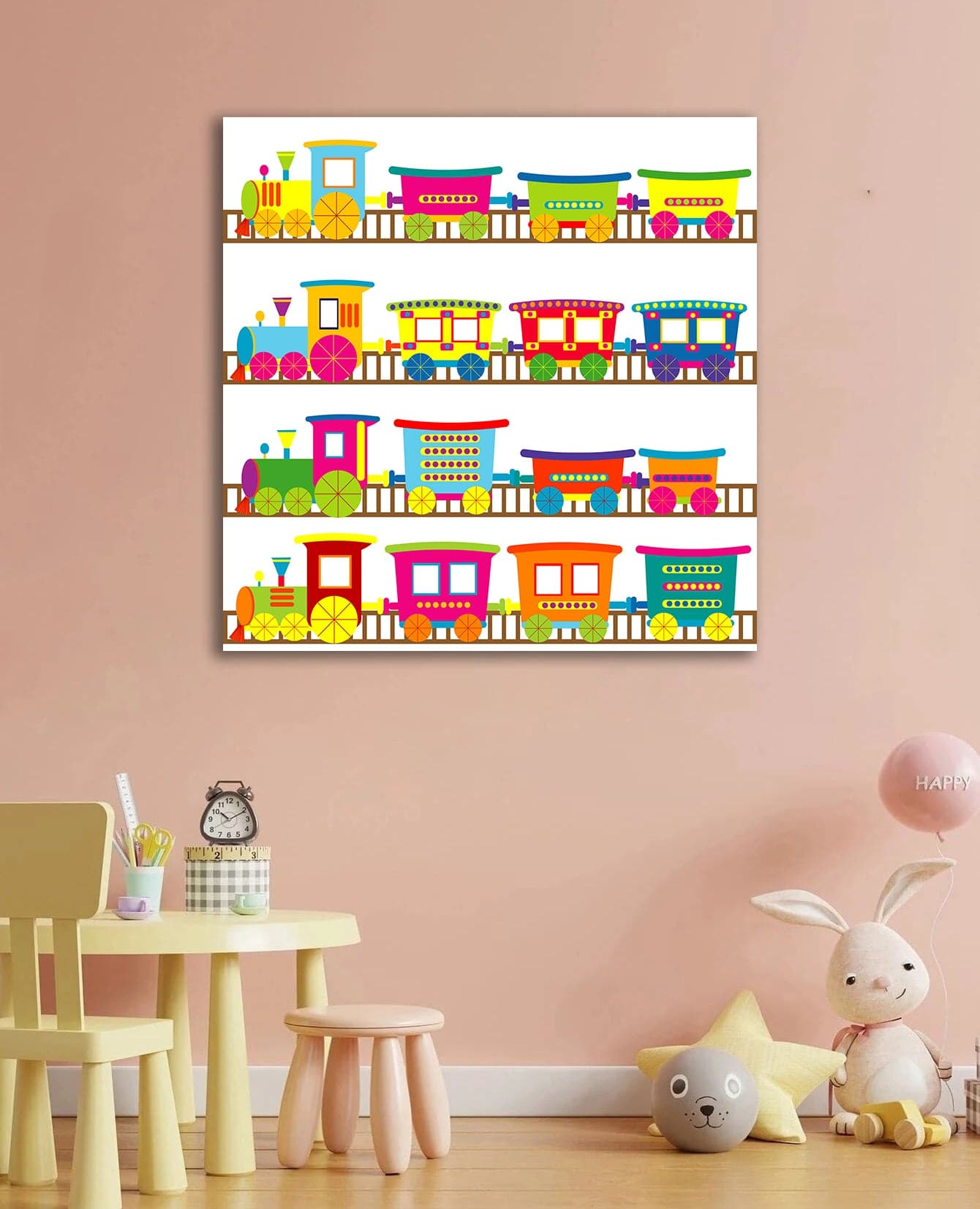 Pine Stretched  Framed 1 Panel - Kids Room - Cute Colorful Trains