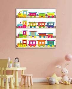 Pine Stretched  Framed 1 Panel - Kids Room - Cute Colorful Trains