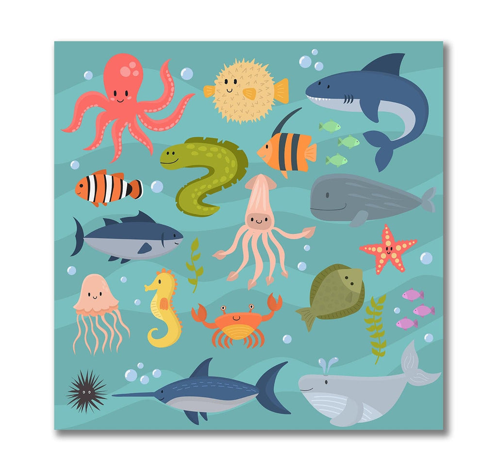 Pine Stretched  Framed 1 Panel - Kids Room - Cute Sea Animals