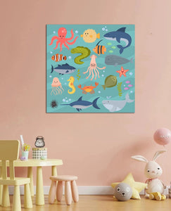 Pine Stretched  Framed 1 Panel - Kids Room - Cute Sea Animals
