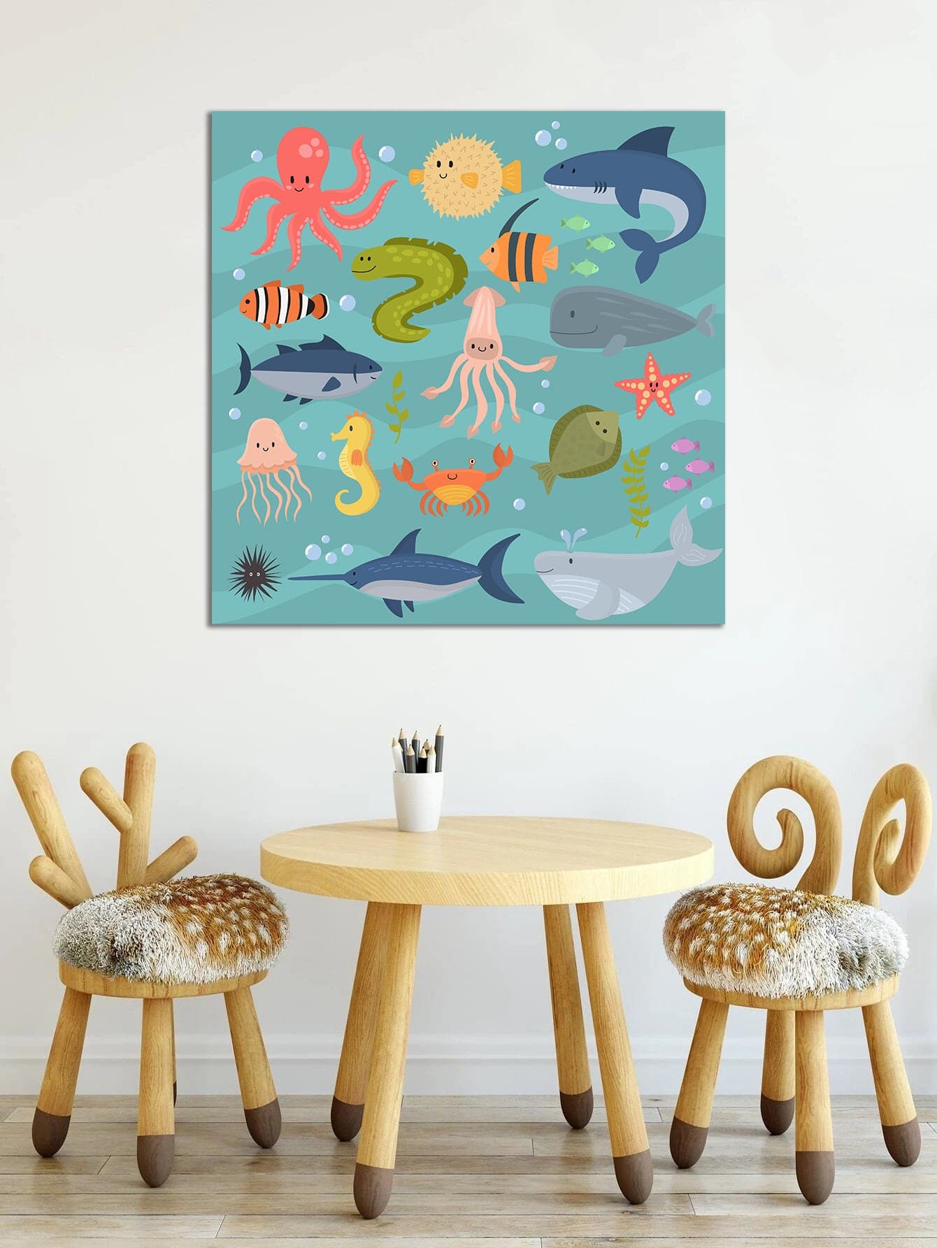 Pine Stretched  Framed 1 Panel - Kids Room - Cute Sea Animals