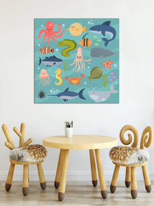 Pine Stretched  Framed 1 Panel - Kids Room - Cute Sea Animals