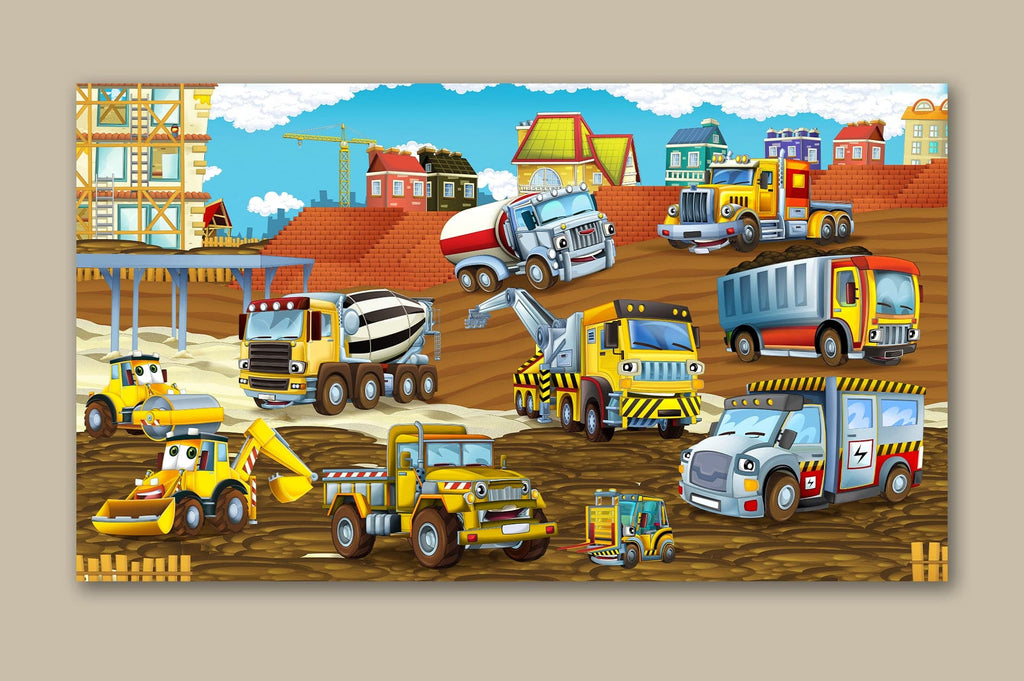 Framed 1 Panel  - Kids Room - Cute Construction Site Vehicles