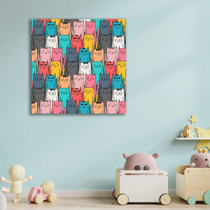 Pine Stretched  Framed 1 Panel - Kids Room - Lovely Colorful Cats