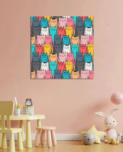 Pine Stretched  Framed 1 Panel - Kids Room - Lovely Colorful Cats