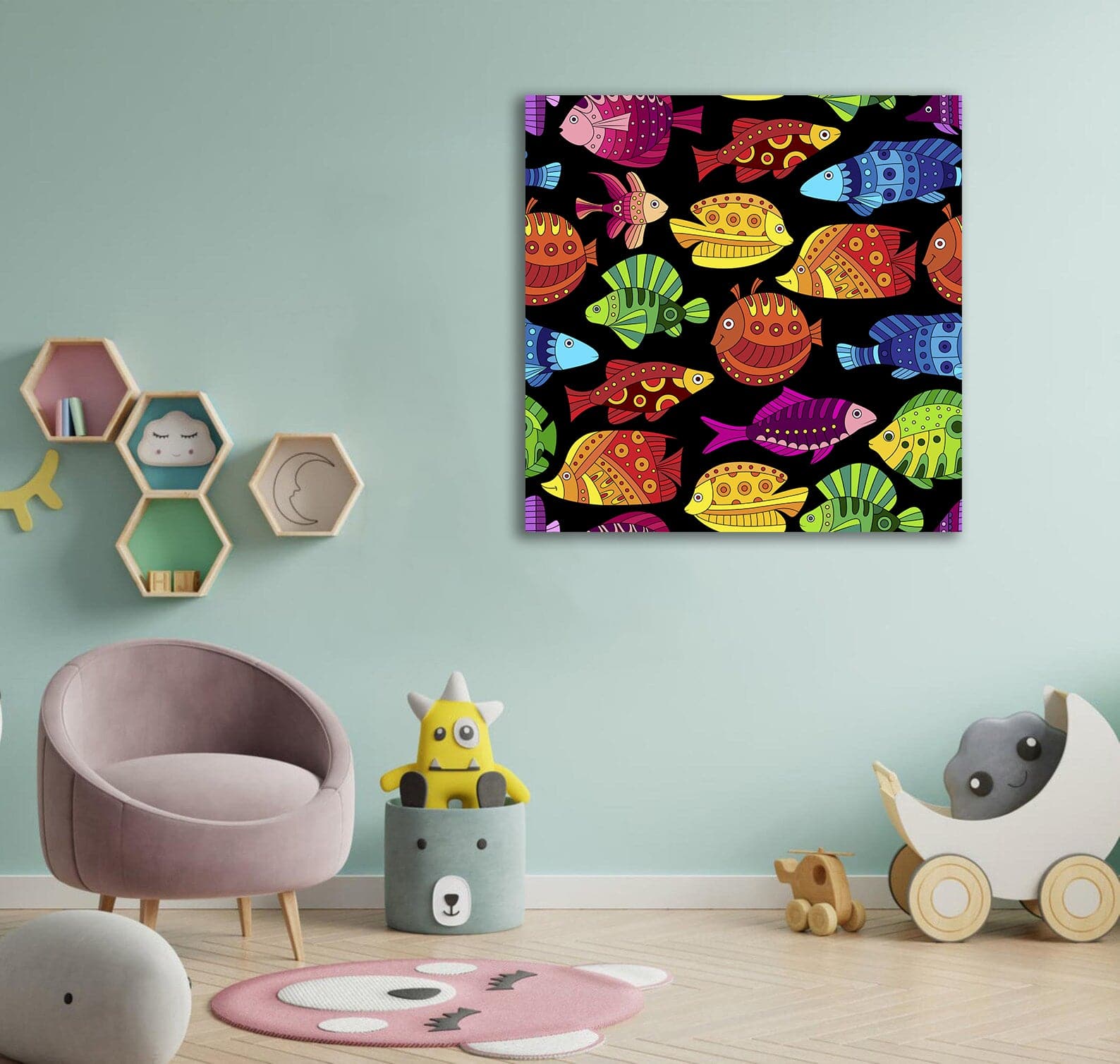 Pine Stretched  Framed 1 Panel - Kids Room - Lovely Tropical Fish