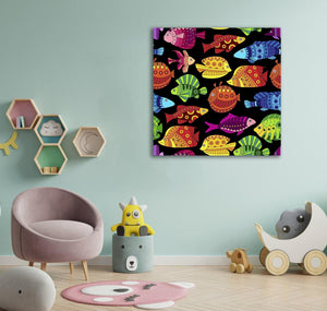 Pine Stretched  Framed 1 Panel - Kids Room - Lovely Tropical Fish