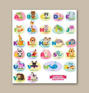 Pine Stretched  Framed 1 Panel  - Kids Room - Cute Animals Alphabet