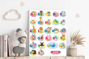 Pine Stretched  Framed 1 Panel  - Kids Room - Cute Animals Alphabet