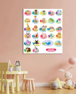 Pine Stretched  Framed 1 Panel  - Kids Room - Cute Animals Alphabet