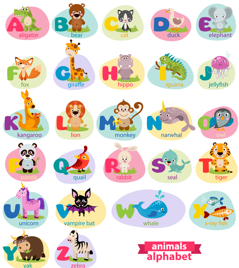 Pine Stretched  Framed 1 Panel  - Kids Room - Cute Animals Alphabet