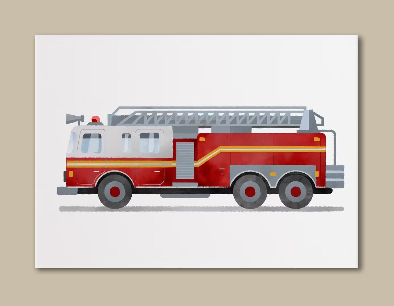 Pine Stretched  Framed 1 Panel - Kids Room - Cute Fire Truck