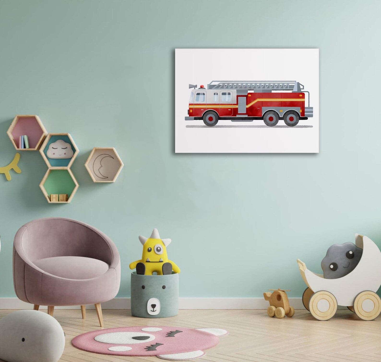 Pine Stretched  Framed 1 Panel - Kids Room - Cute Fire Truck