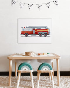 Pine Stretched  Framed 1 Panel - Kids Room - Cute Fire Truck