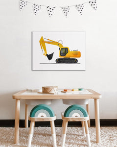 Pine Stretched  Framed 1 Panel - Kids Room - Cute Excavator