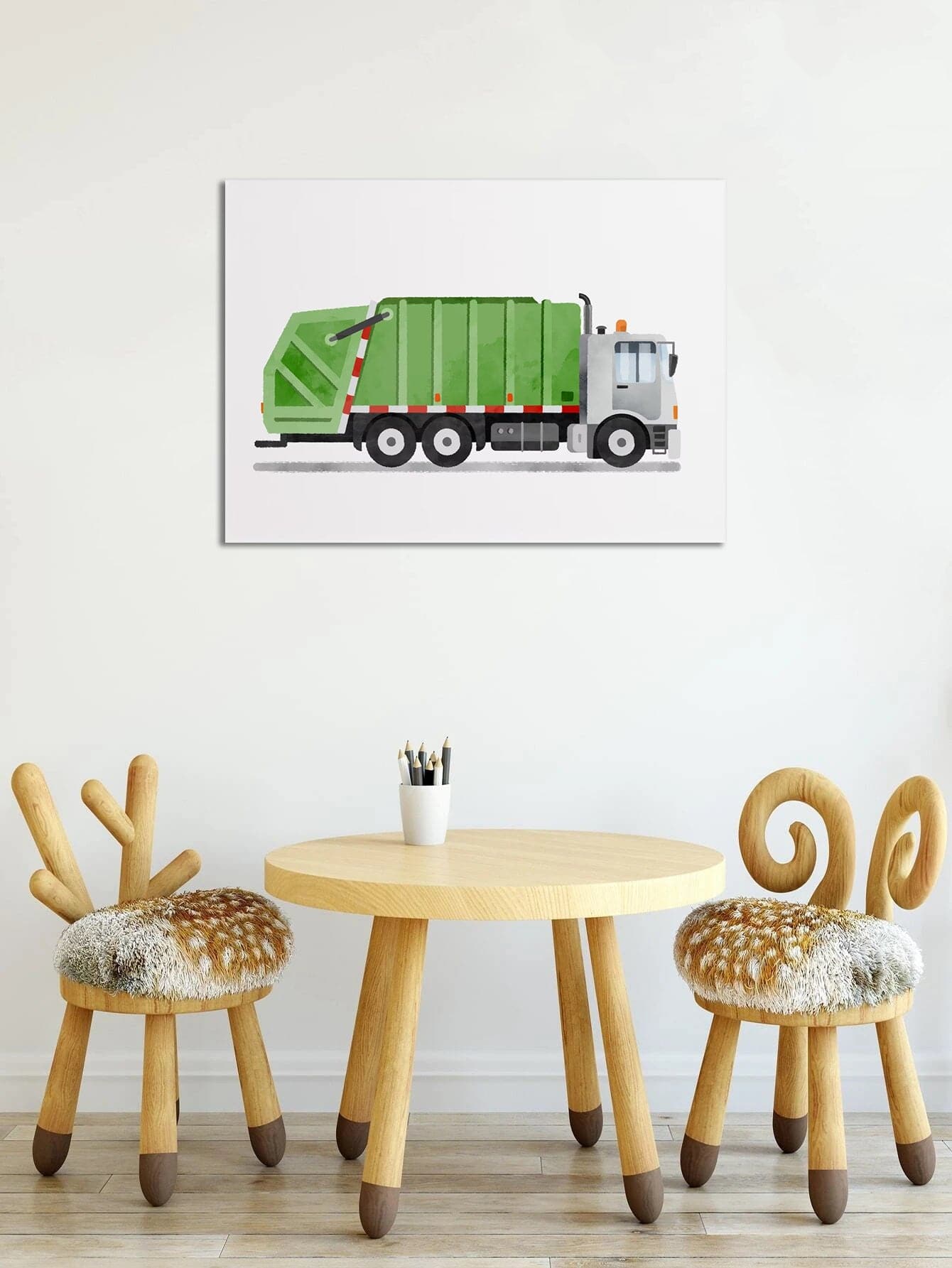 Pine Stretched  Framed 1 Panel - Kids Room - Cute Garbage truck