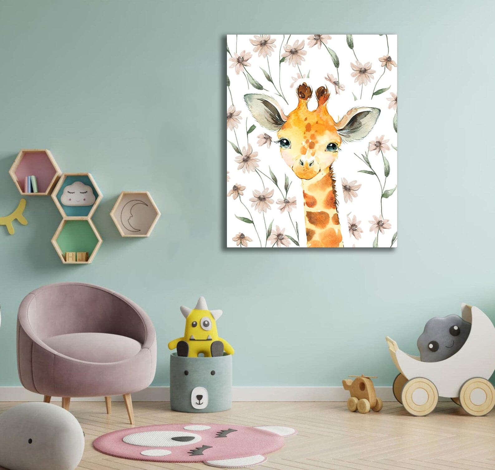 Pine Stretched  Framed 1 Panel - Kids Room - Cute Little Giraffe