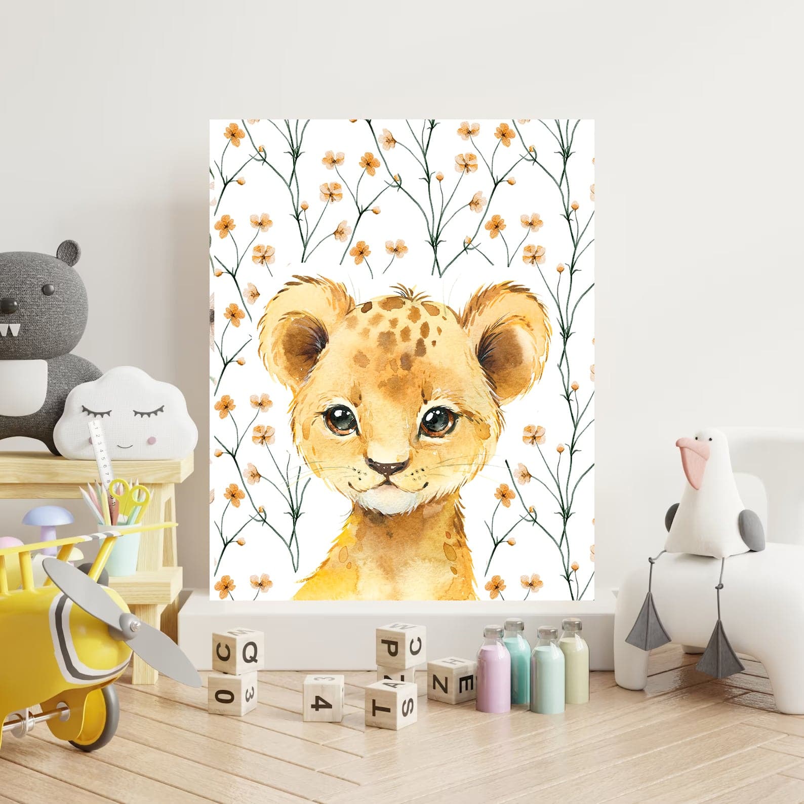 Pine Stretched  Framed 1 Panel - Kids Room - Cute Little Lion