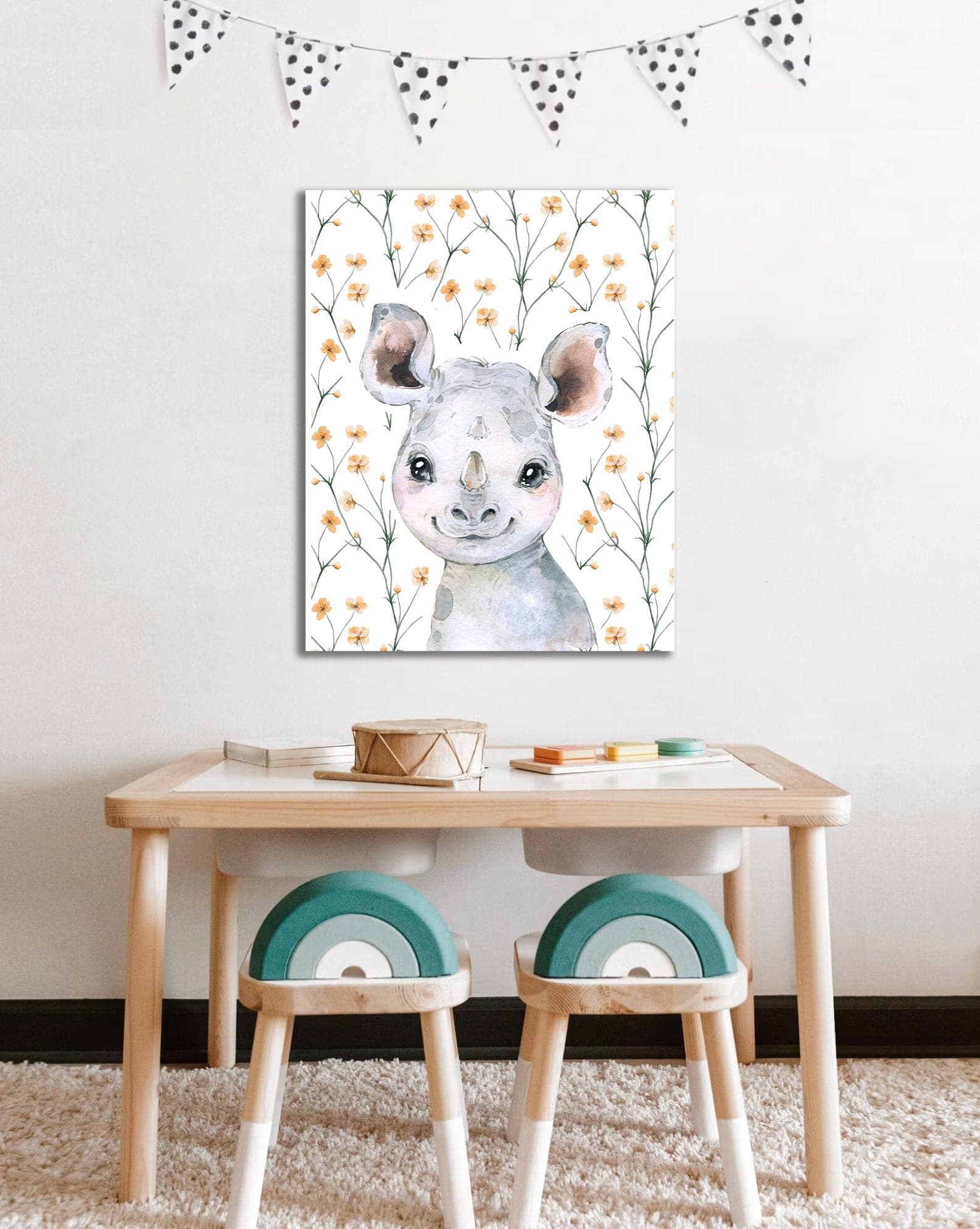 Pine Stretched  Framed 1 Panel - Kids Room - Cute Little Rhino