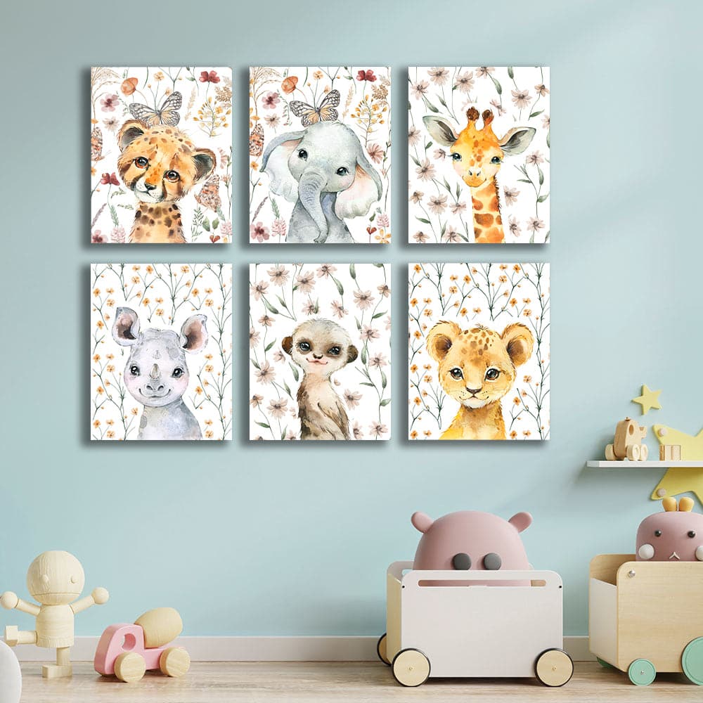 Framed 6 Panels - Kids Room - A Set of Cute Little Africa Animals